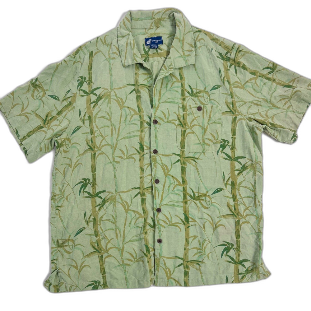 Caribbean Joe 100% Silk Green Bamboo Camp Shirt XXL